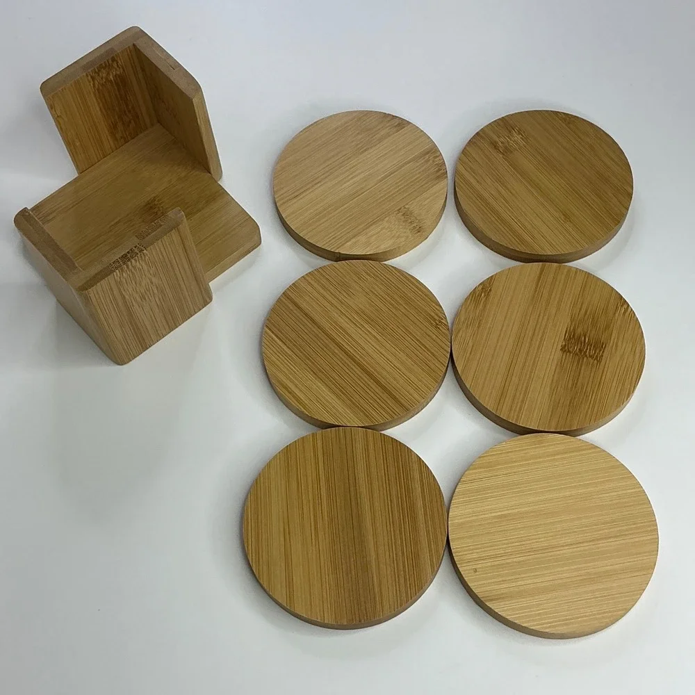 Natural Bamboo Round Coaster Set Unisex OS 6-Piece with Holder